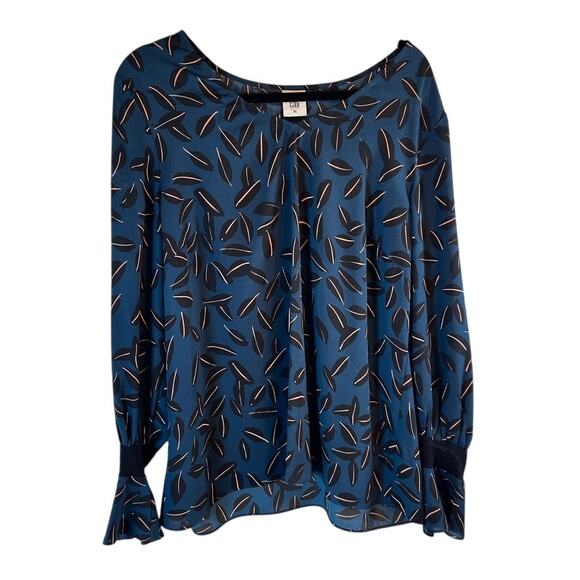 Y2K CAbi Leaf Print Flare Sleeve Blouse XL Blue Peach Sheer Workwear - Picture 2 of 6